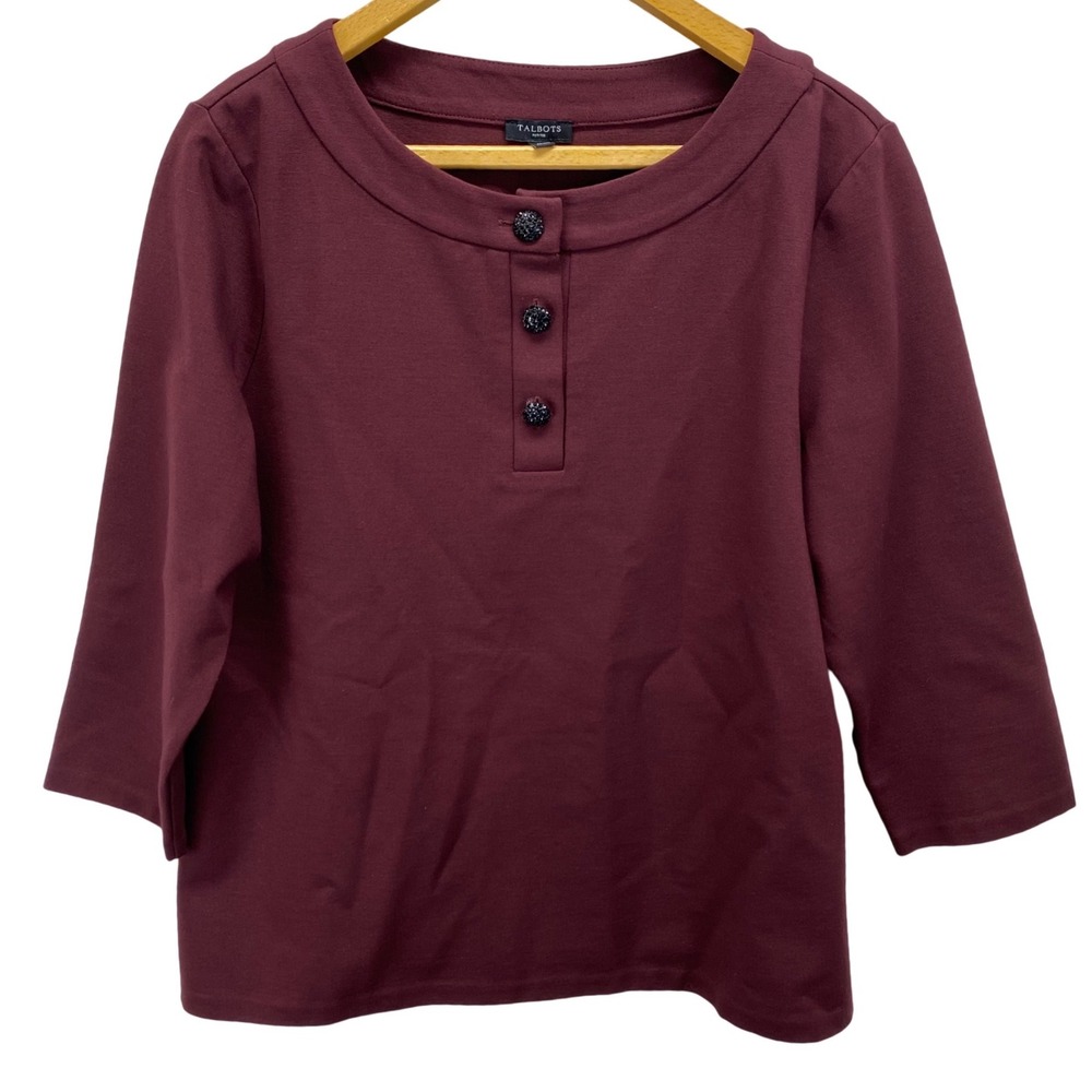 Talbots Petites Burgundy‎ 3/4 Sleeve Henley Top XLp Button Neck Stretch